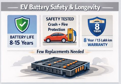 EV Battery Safety and Longevity Diagram explaining EV battery lifespan, safety features, and warranty period