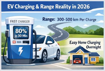 EV Charging and Range Reality in 2026 Electric car charging at a fast charger showing modern EV range and charging speed