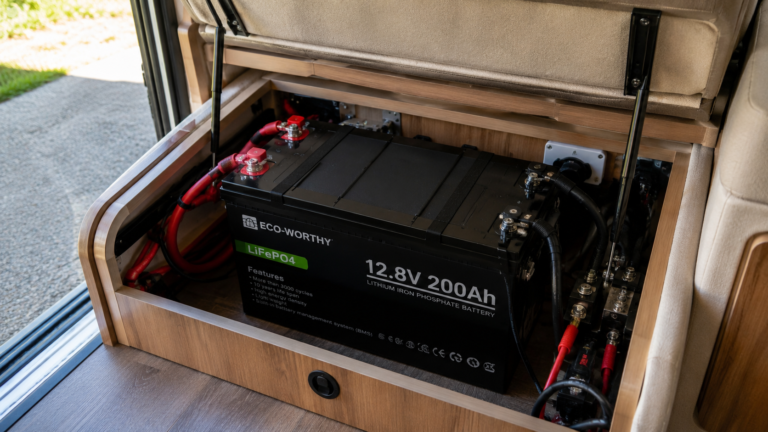 A LiFePO4 lithium battery pack installed inside a motorhome under-seat storage compartment with visible wiring, battery terminals, and electrical connections. lithium ion battery for motorhome