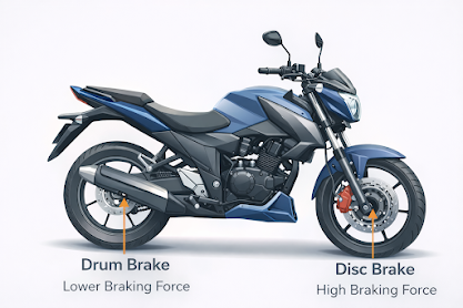 Motorcycle Disc Brake System – Front and Rear Brake Layout Diagram showing motorcycle front and rear disc brake system with brake disc, caliper, brake pads, wheel hub, and suspension components