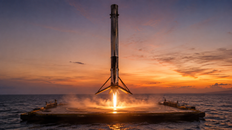 Falcon 9 first stage booster landing on drone ship after boost back and landing burn