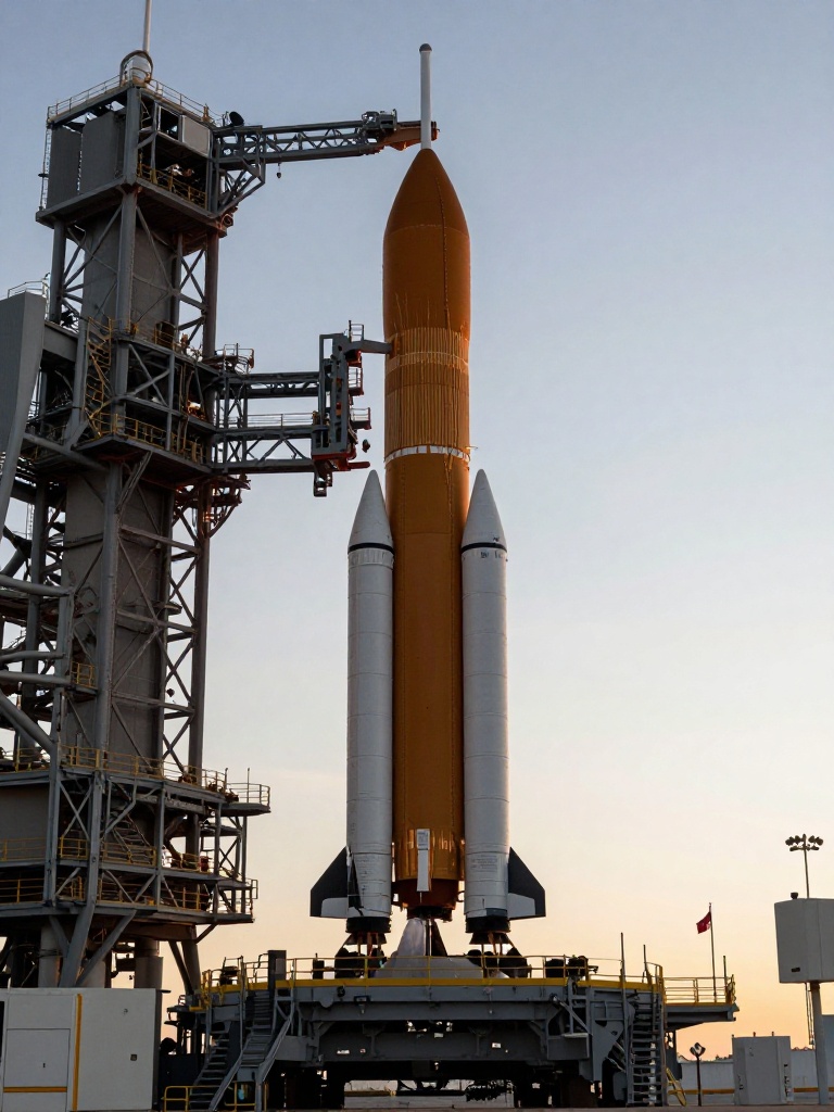 Falcon 9 rocket on launch pad during final terminal countdown minutes before liftoff