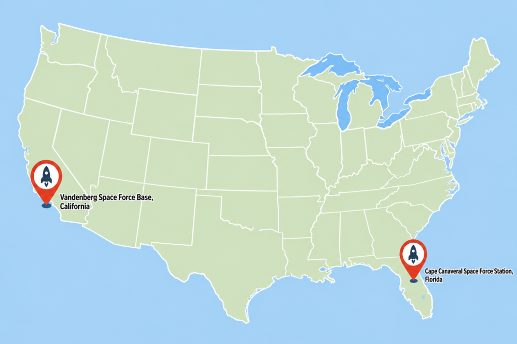 Map of US locations to watch a Falcon 9 launch including Cape Canaveral and Vandenberg