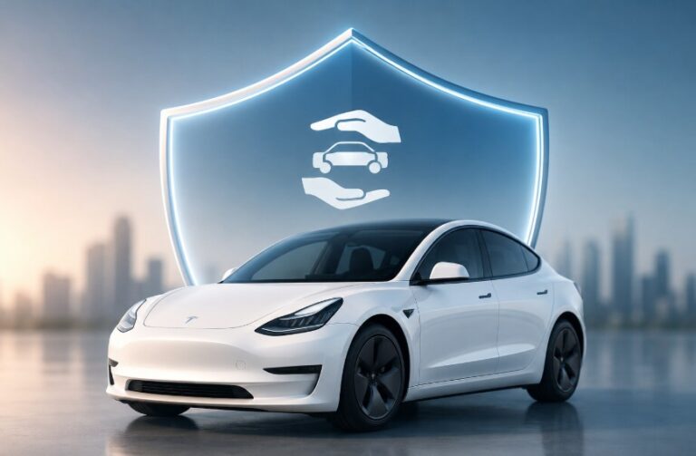 White Tesla Model 3 protected by a glowing insurance shield representing EV car insurance coverage and financial protection.