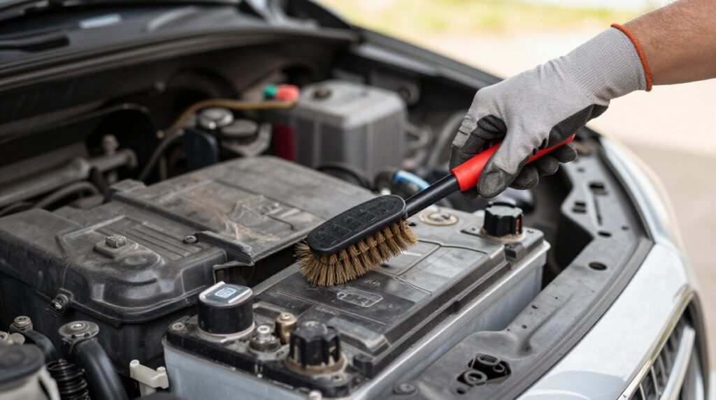 Person cleaning car battery terminals to extend battery life
