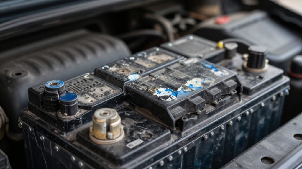 Corroded car battery terminals showing white buildup