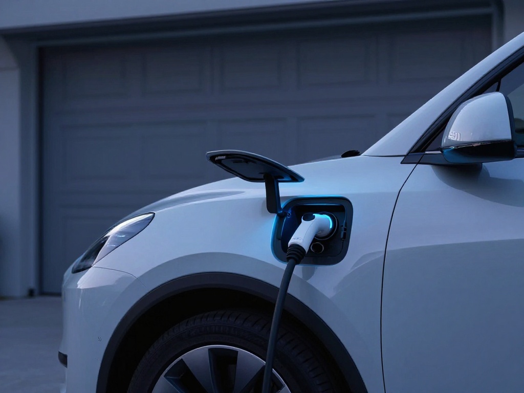 Electric vehicle charging at home garage during dusk with blue ambient charging port light