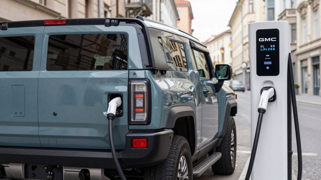 Hummer EV charging at a European CCS2 charging station in a city setting