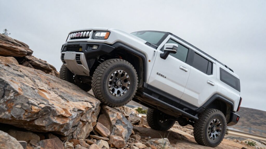 Hummer EV climbing a rocky incline demonstrating low-speed torque control