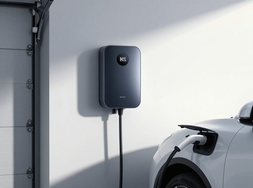 Smart home EV wall charger mounted in garage charging an electric vehicle