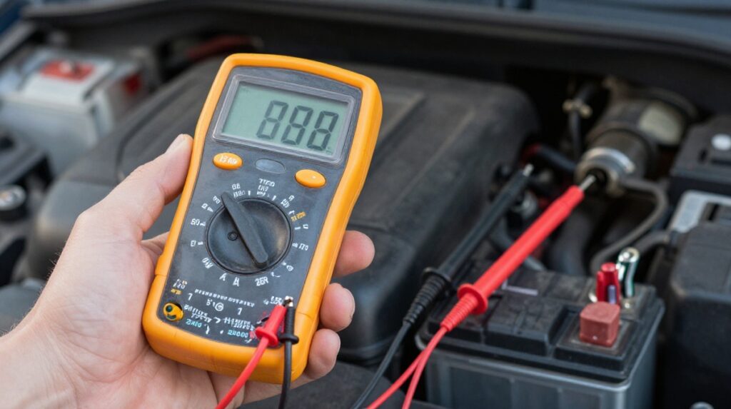 Multi meter testing car battery voltage under the hood