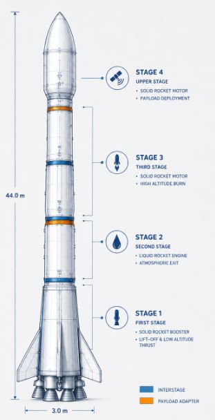 Diagram of Vikram-1's four stages, three solid-fuel and one liquid kick stage