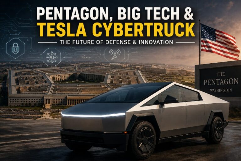 Tesla Cybertruck parked near the Pentagon with technology and U.S. defense imagery in the background