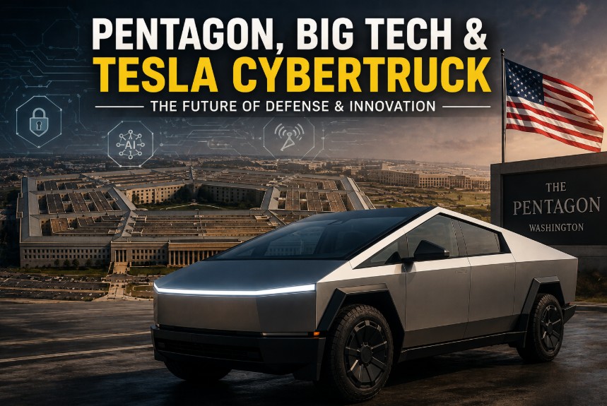 Tesla Cybertruck parked near the Pentagon with technology and U.S. defense imagery in the background