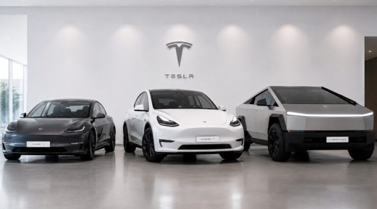 Tesla Model 3, Model Y and Cybertruck parked side by side in a modern minimalist showroom