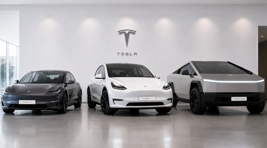 Tesla Model 3, Model Y and Cybertruck parked side by side in a modern minimalist showroom
