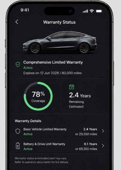 Tesla app screen showing vehicle warranty and battery coverage status