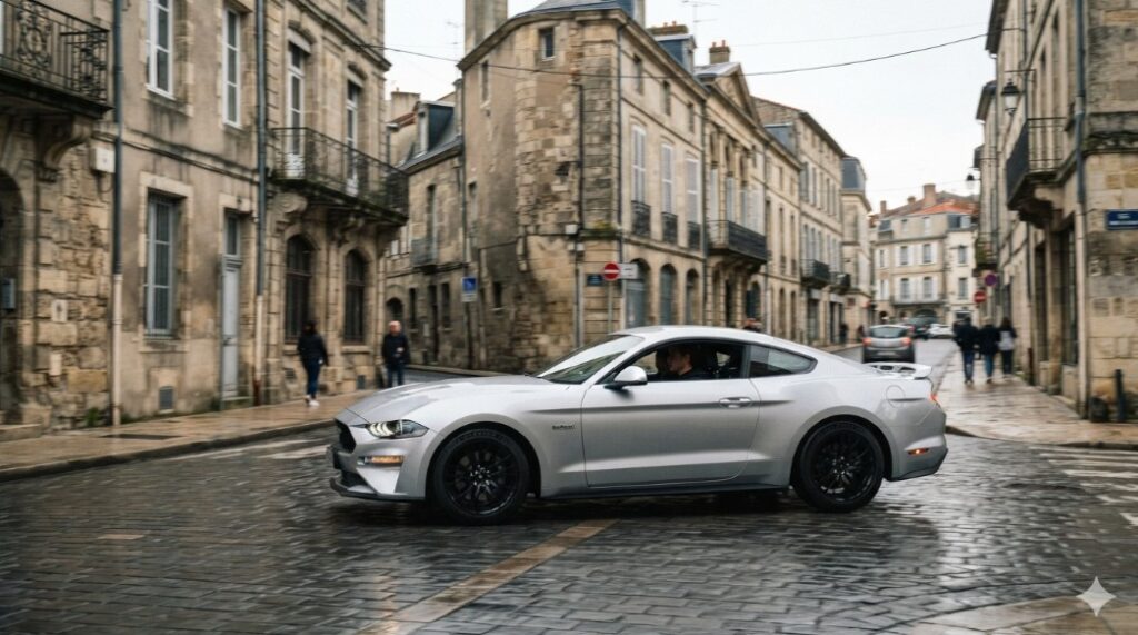 Ford Mustang EcoBoost driving on a European city street