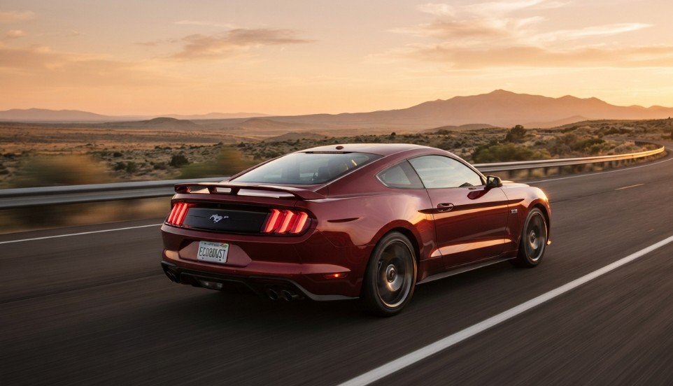 Ford Mustang EcoBoost rear three-quarter view on open road