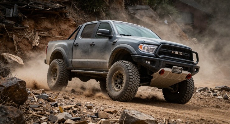 GMC Canyon AT4X driving on rocky off-road trail