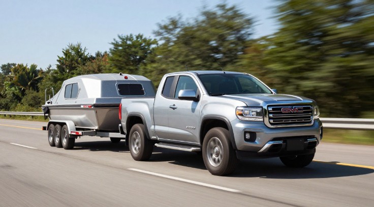 GMC Canyon towing a trailer on a highway