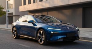 Lucid Air Sapphire electric sedan parked, front three-quarter view