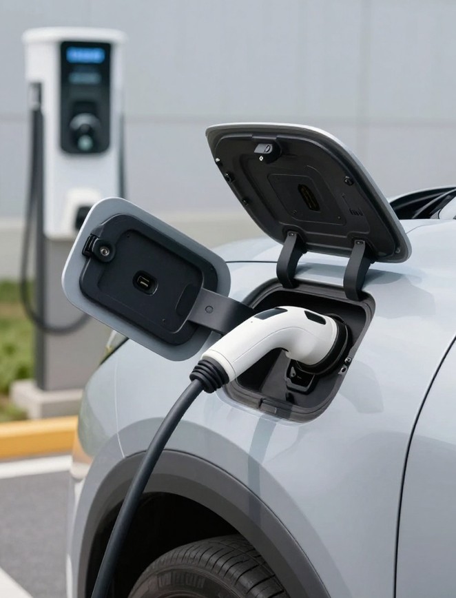 Lucid Gravity electric SUV plugged into a DC fast charging station