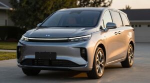 Lucid Gravity electric SUV parked outdoors, front three-quarter view