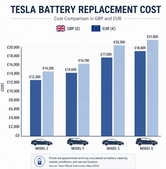 Bar chart comparing Tesla battery replacement costs in UK pounds and euros by model