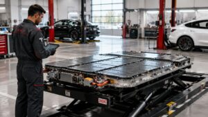 Tesla battery pack being inspected at a service center for replacement cost estimate