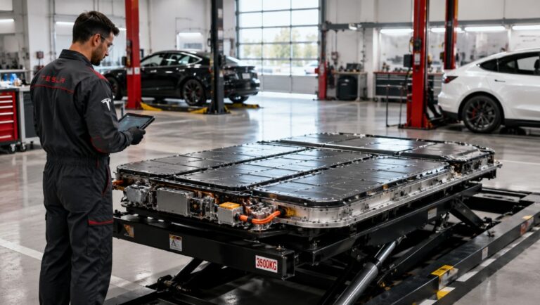 Tesla battery pack being inspected at a service center for replacement cost estimate