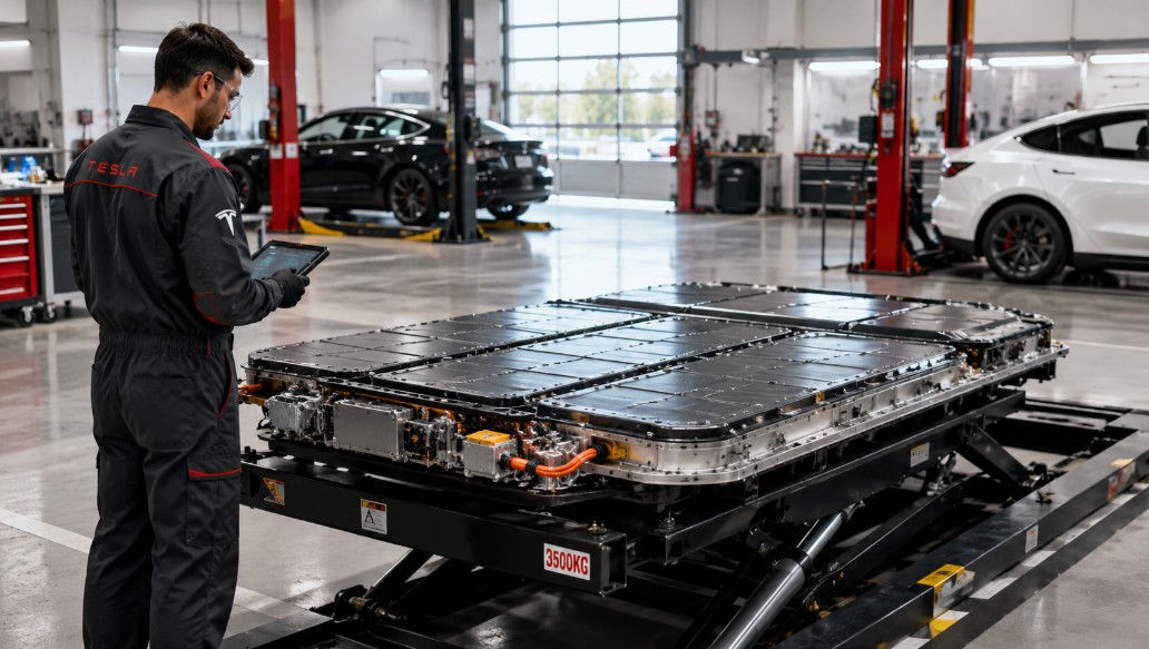 Tesla battery pack being inspected at a service center for replacement cost estimate