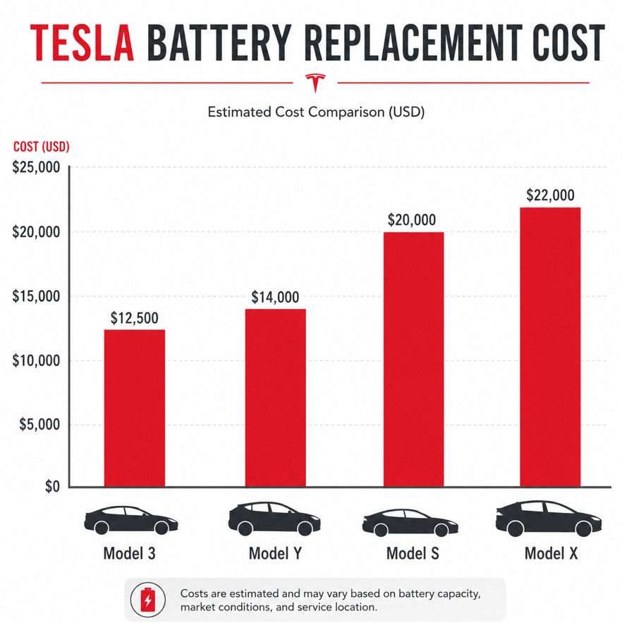 Bar chart comparing Tesla battery replacement costs across Model 3, Model Y, Model S, and Model X in US dollars