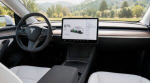 Tesla Model Y interior showing media control unit and cabin layout