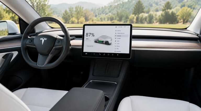 Tesla Model Y interior showing media control unit and cabin layout