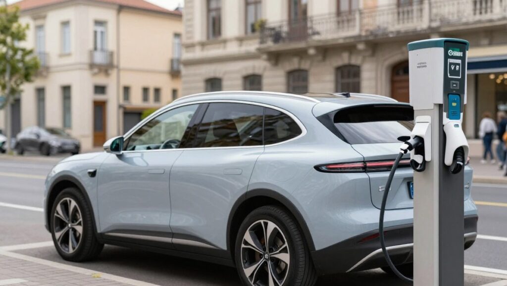 Tesla Model Y charging at a public station, US and Europe charging comparison