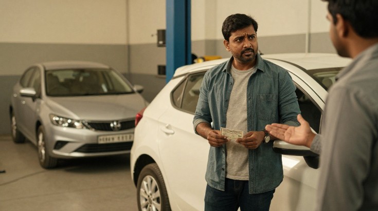 Frustrated Indian car owner at dealership service center facing car service problems
