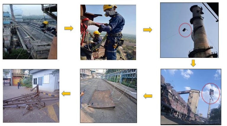 Can 75 meter tall steel chimney structures be dismantled without having a path for access?